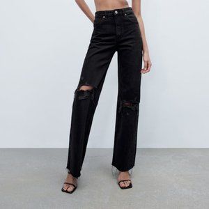 Zara RIPPED WIDE LEG JEANS Black